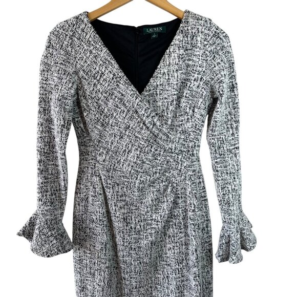 Lauren Ralph Lauren Black White Tweed V-Neck Ruffle Sleeve Dress Size 4 - Picture 4 of 8